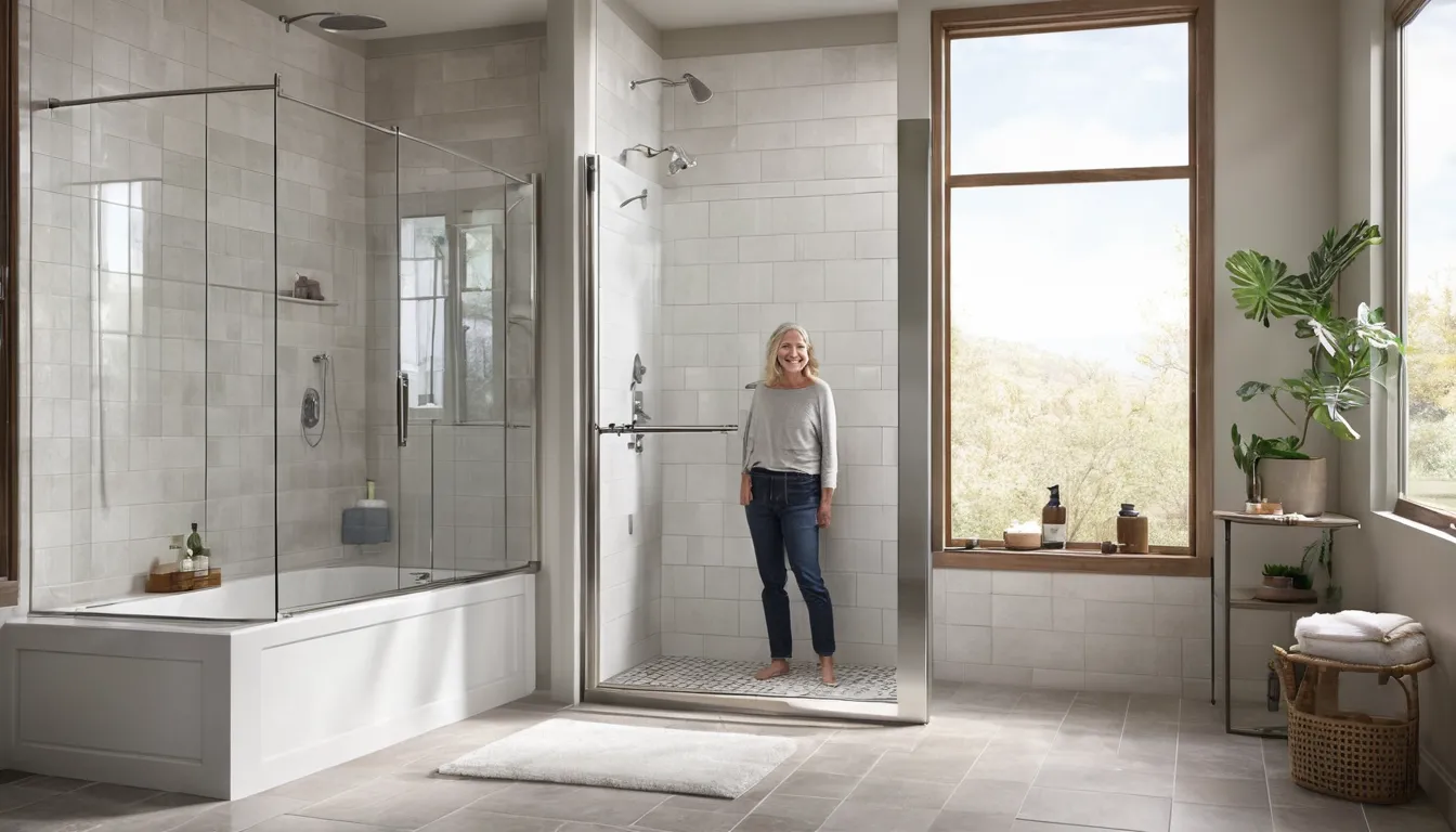 Homeowner admiring a new walk-in shower with a low step and grab bar after a tub-to-shower conversion near Lakewood